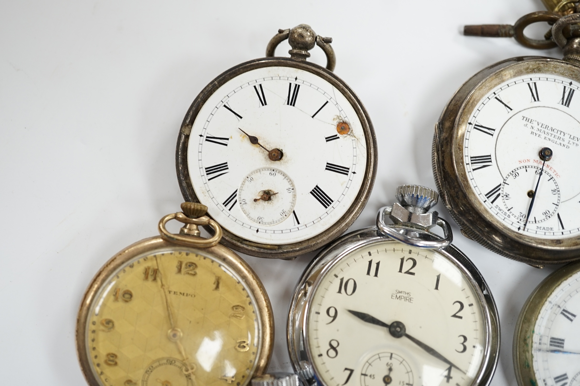 Six assorted pocket watches including silver 'The Veracity Lever' (a.f.)